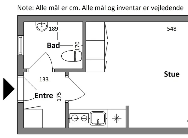 1 værelses lejlighed på 30 m